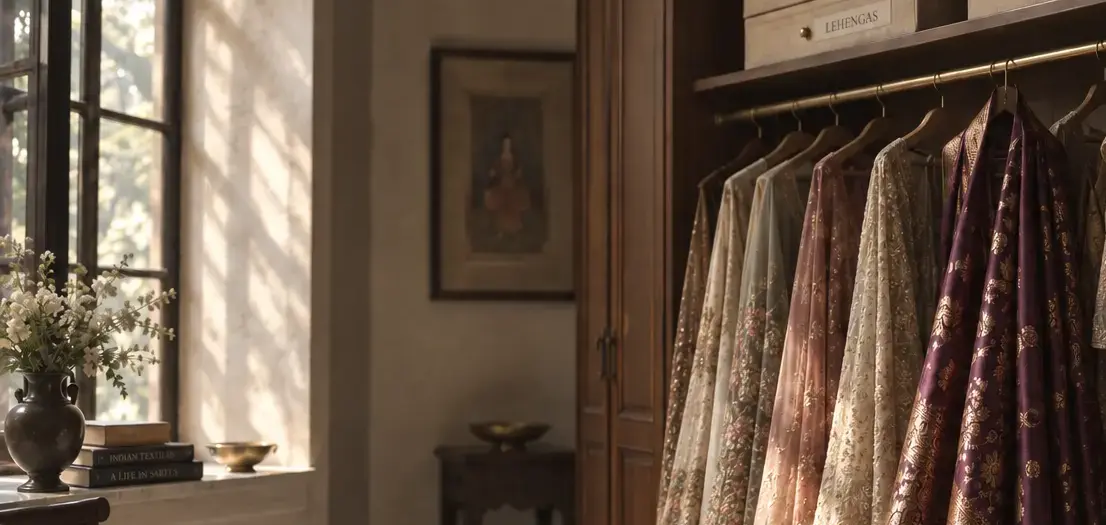 The window end of the dressing room: a tall casement, white flowers in a brass vase on the sill, a framed miniature on the wall, the edge of the garment rail to one side.