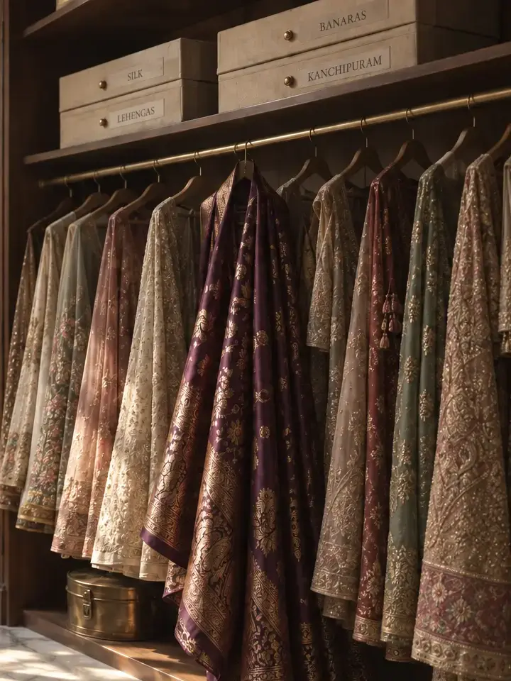 A row of embroidered lehengas and sarees on wooden hangers beneath a shelf of labelled garment boxes: Silk, Lehengas, Banaras, Kanchipuram.