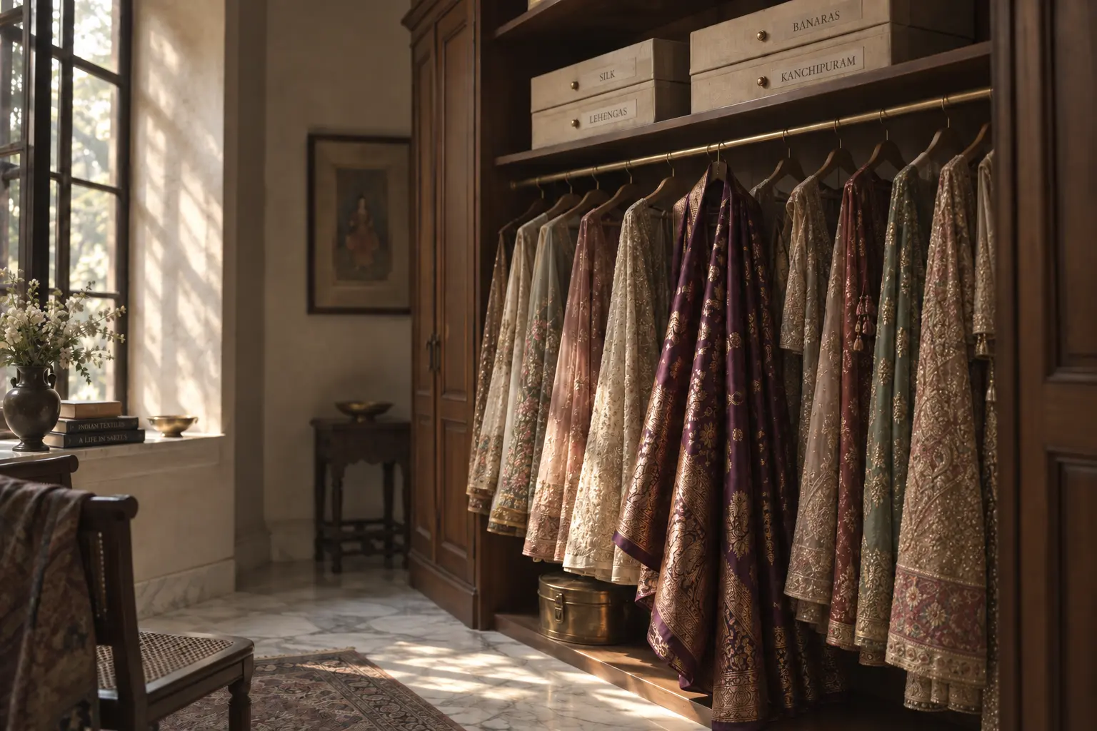 Silk sarees and lehengas on a brass rail in a teak dressing room, several under muslin dust covers, an aubergine Banarasi drawn forward into afternoon light from a tall window.